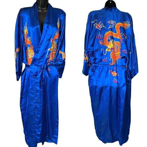 Vintage Golden Bee Women’s Embroidered Dragon Silk Blend Robe Sz L Blue W/ Belt